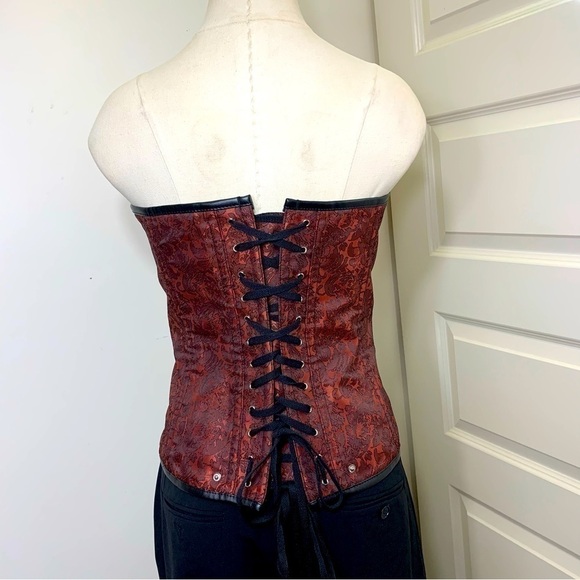 RED Black Corset Top Tapestry Faux Leather Lace up Bustier L/XL Romantic Goth - Picture 5 of 11